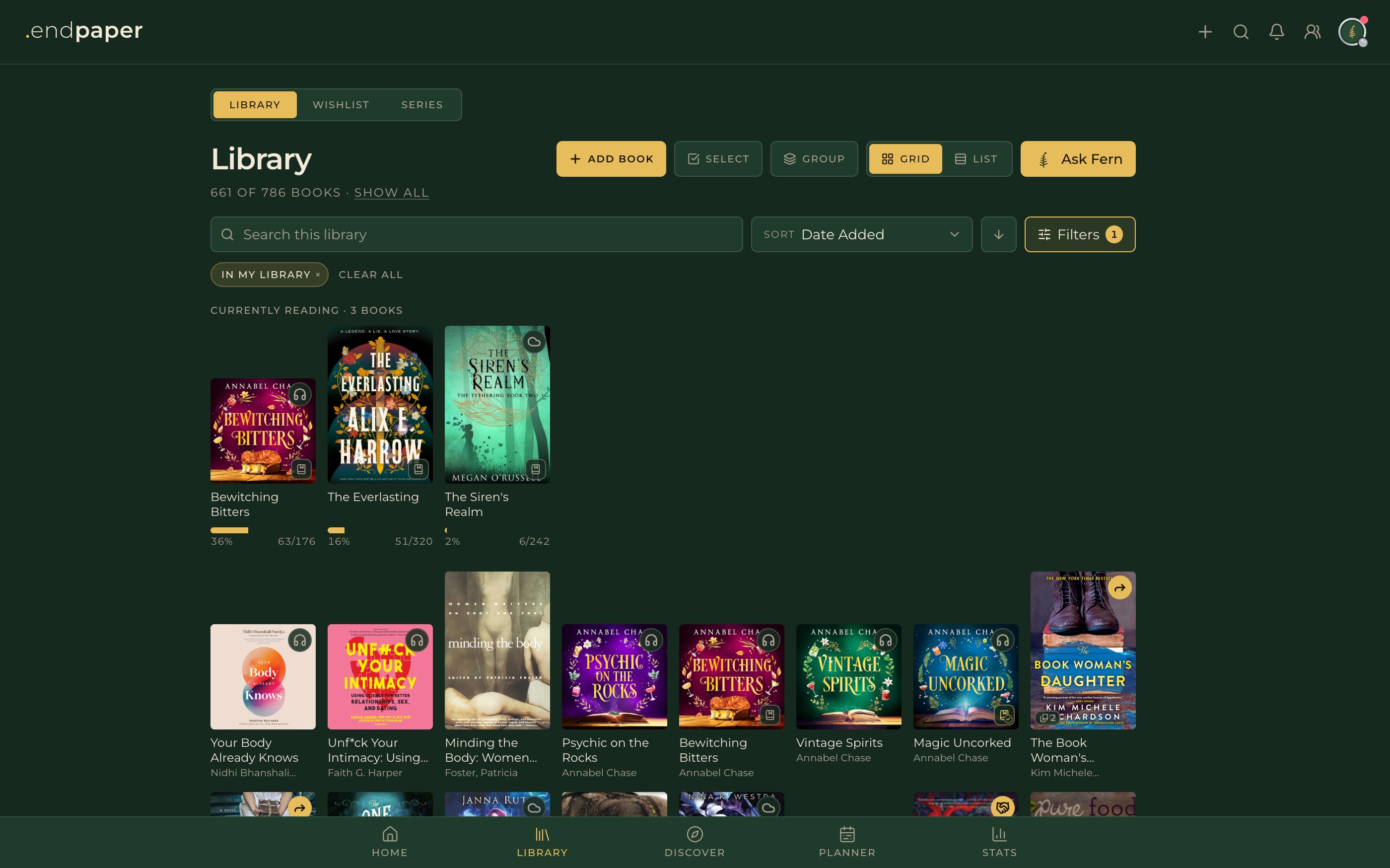 The Endpaper library — three books in progress with reading-progress bars, above a grid of book covers.