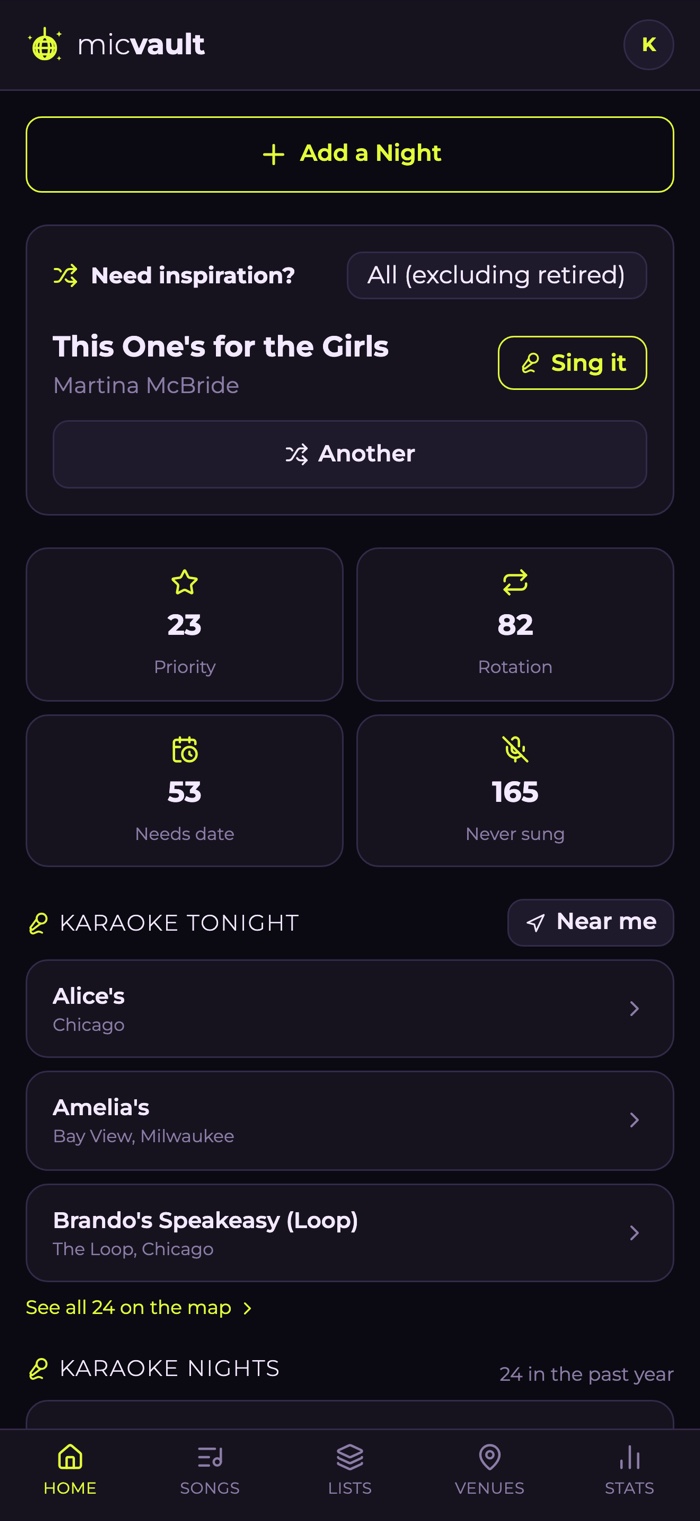 The micVault home screen — a song randomiser, counts for each list, and the karaoke bars hosting tonight.