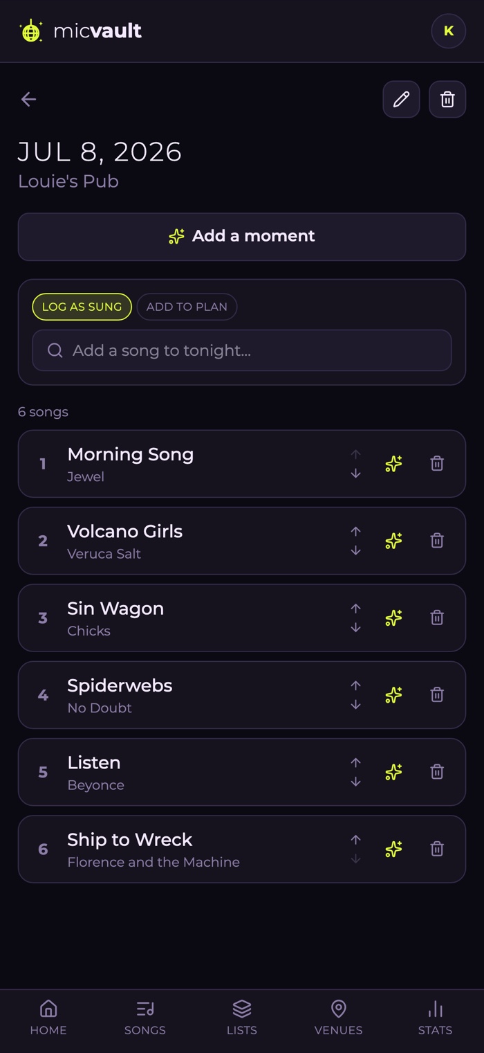 A logged karaoke night in micVault — a date and venue above the songs sung that night, in order.