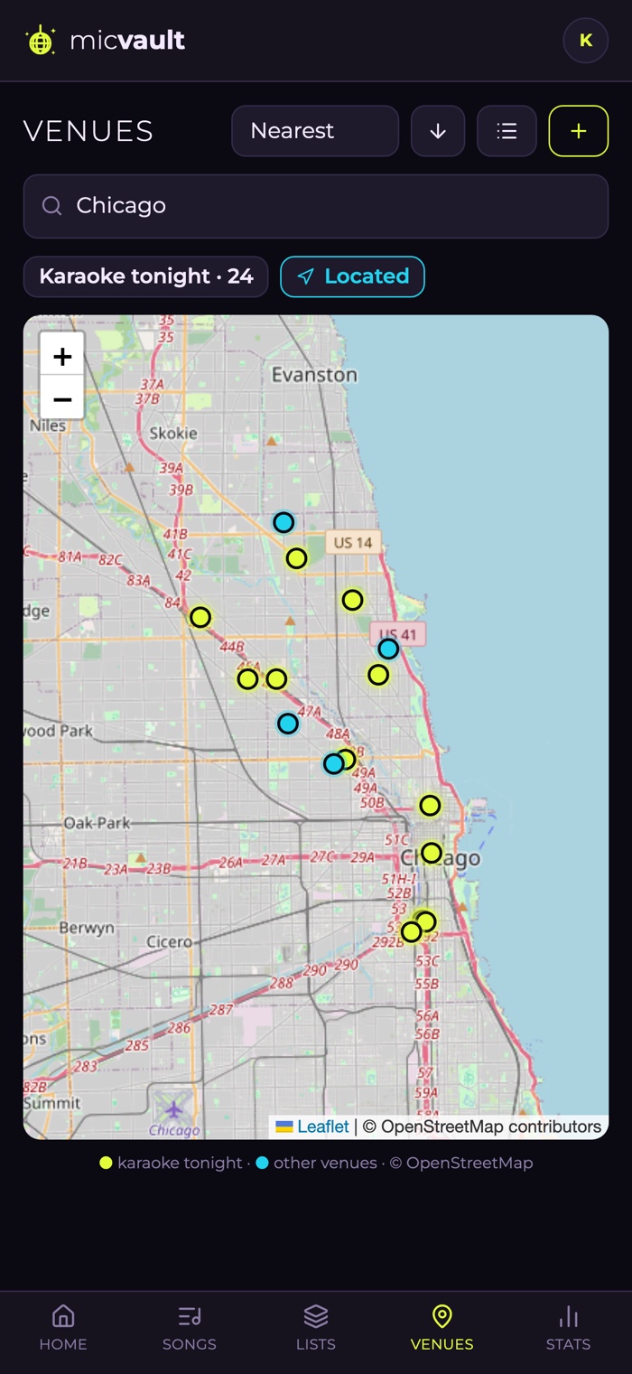 A map of karaoke venues around Chicago, with the bars hosting karaoke tonight marked in yellow.