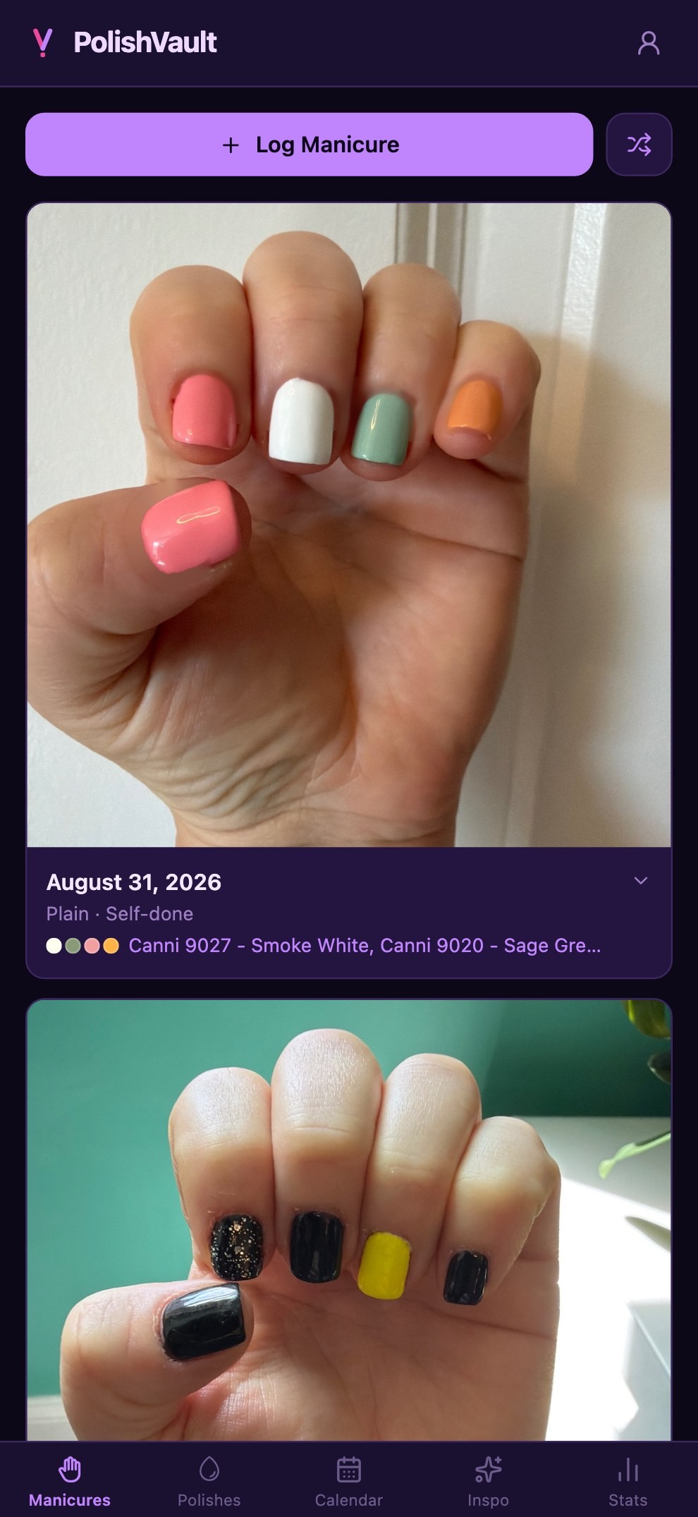 The PolishVault manicure log — recent manicures with photos, dates and the polishes used in each.